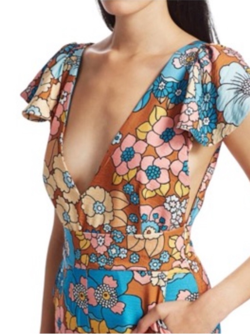 Dodo Bar Or Floral Print Deep V Jumpsuit in Orange, Blue, Pink